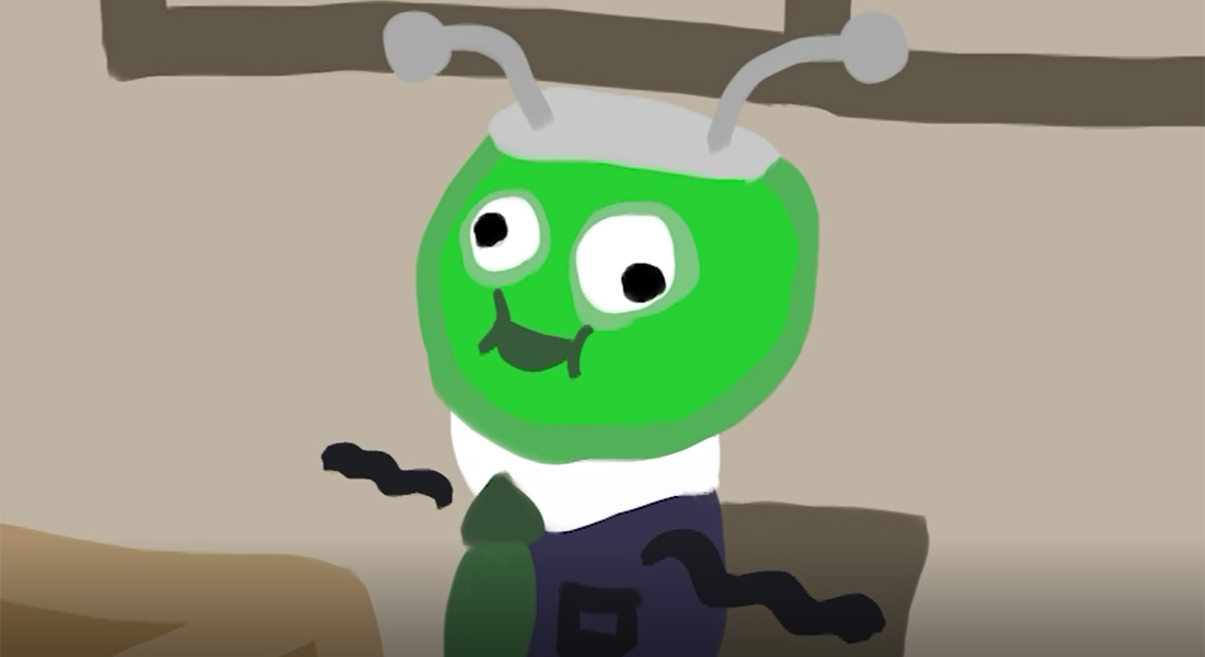 drawing of a creature with a green head and antennas