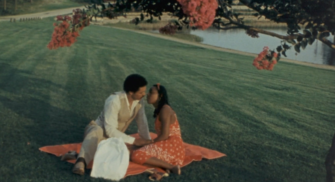 A black couple prepares to kiss while on a picnic on an empty lawn in a scene from the film Cane River