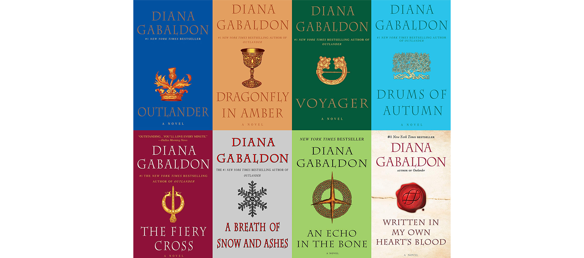 Covers for eight books in Diana Gabldon's Outlander series