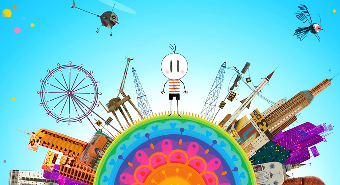 A cartoon boy with a round white head, stick limbs, a red and white striped shirt and black short stands atop a circular design representing the earth in a scene from the animated film The Boy and the World