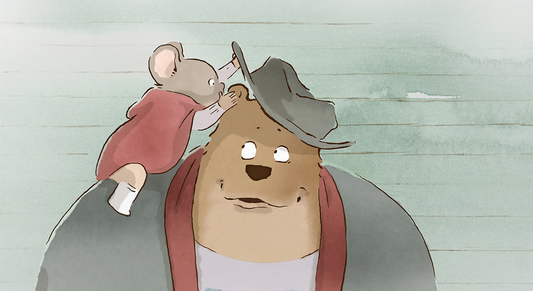 A mouse whispers into the ear of a hat-wearing bear in a scene from the animated film Ernest & Celestine