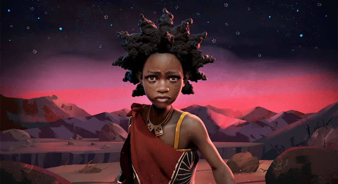 A young black girl looks forward against a mountainous background and pink sunset in a scene from the animated documentary Liyana