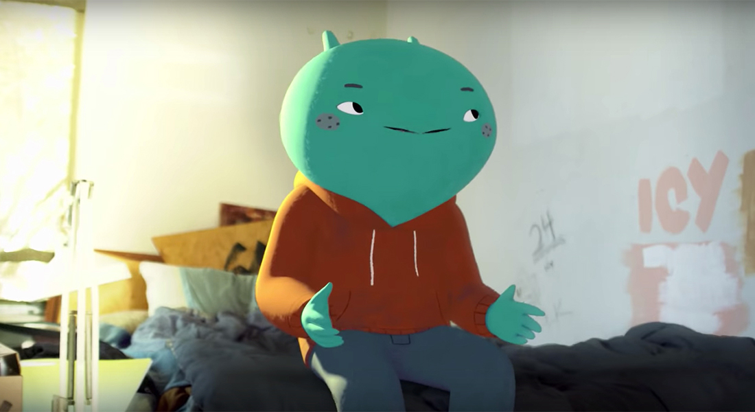A teenage green monster in a hoodie and jeans sits on his bed and talks in a scene from the animated short Welcome to My Life