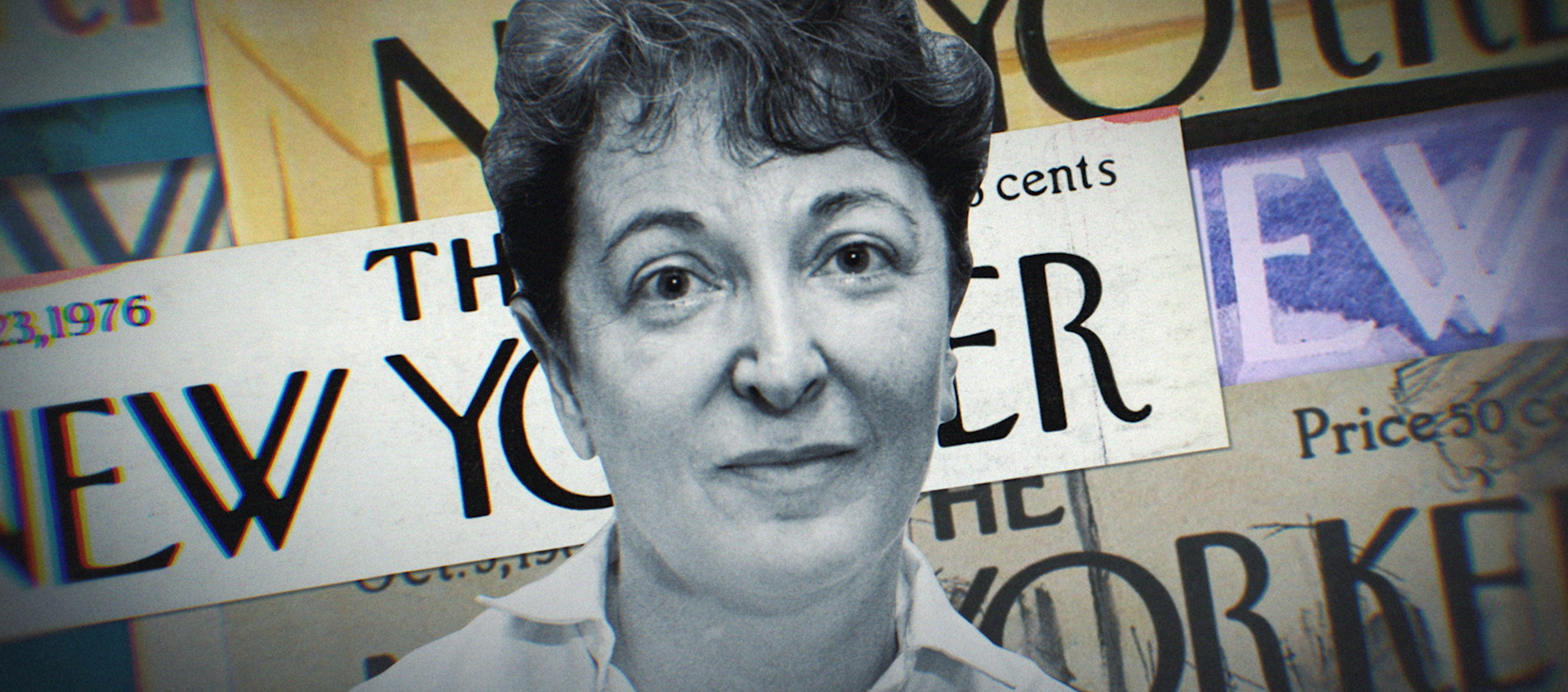 headshot of Pauline Kael superimposed on the New Yorker magazine covers