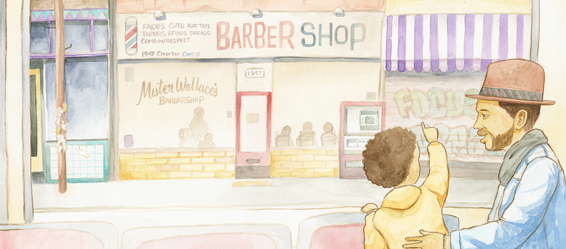 A young boy of color and his father stand in front of a barbershop in an illustration from Robert Liu Trujillo's book Furqan's First Flat Top