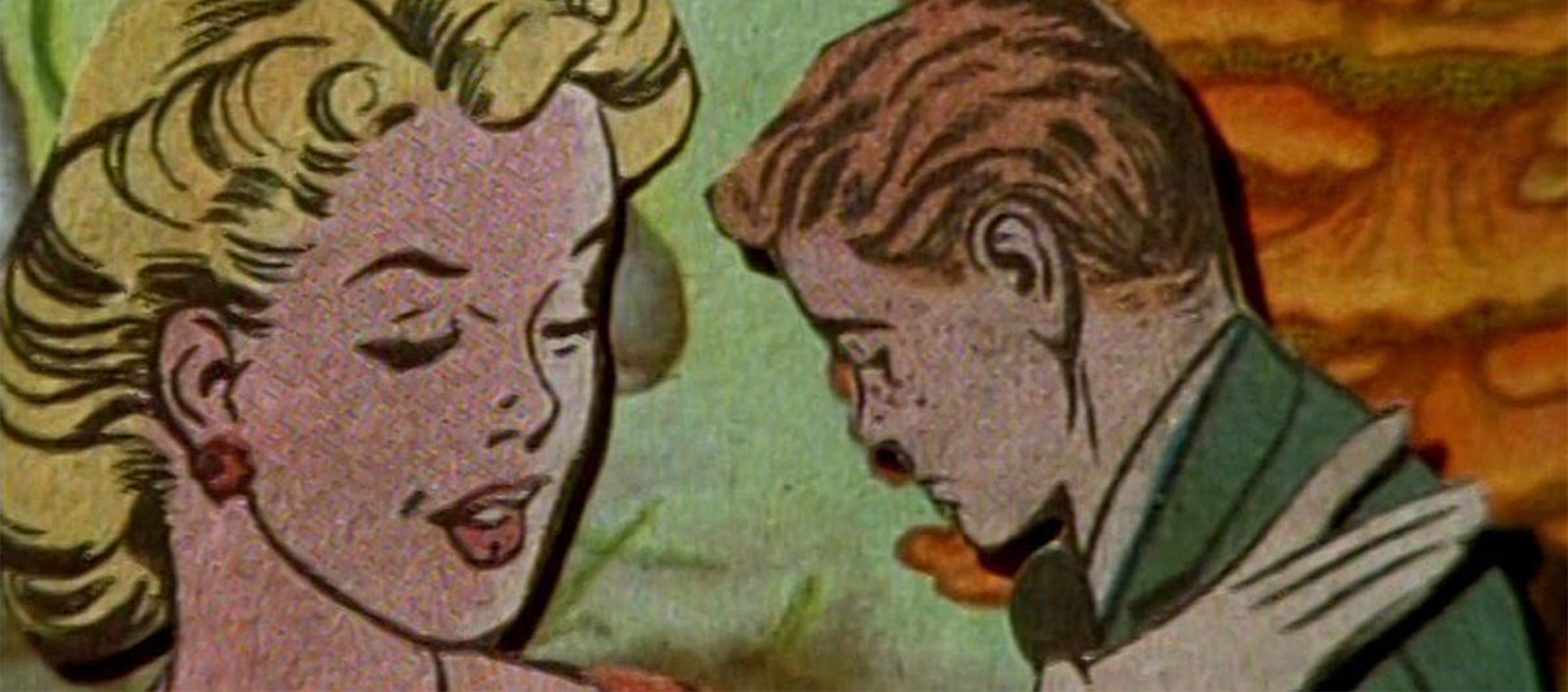 Female and male vintage comic book characters in a scene from collage animator Lewis Klahr's film Pony Glass