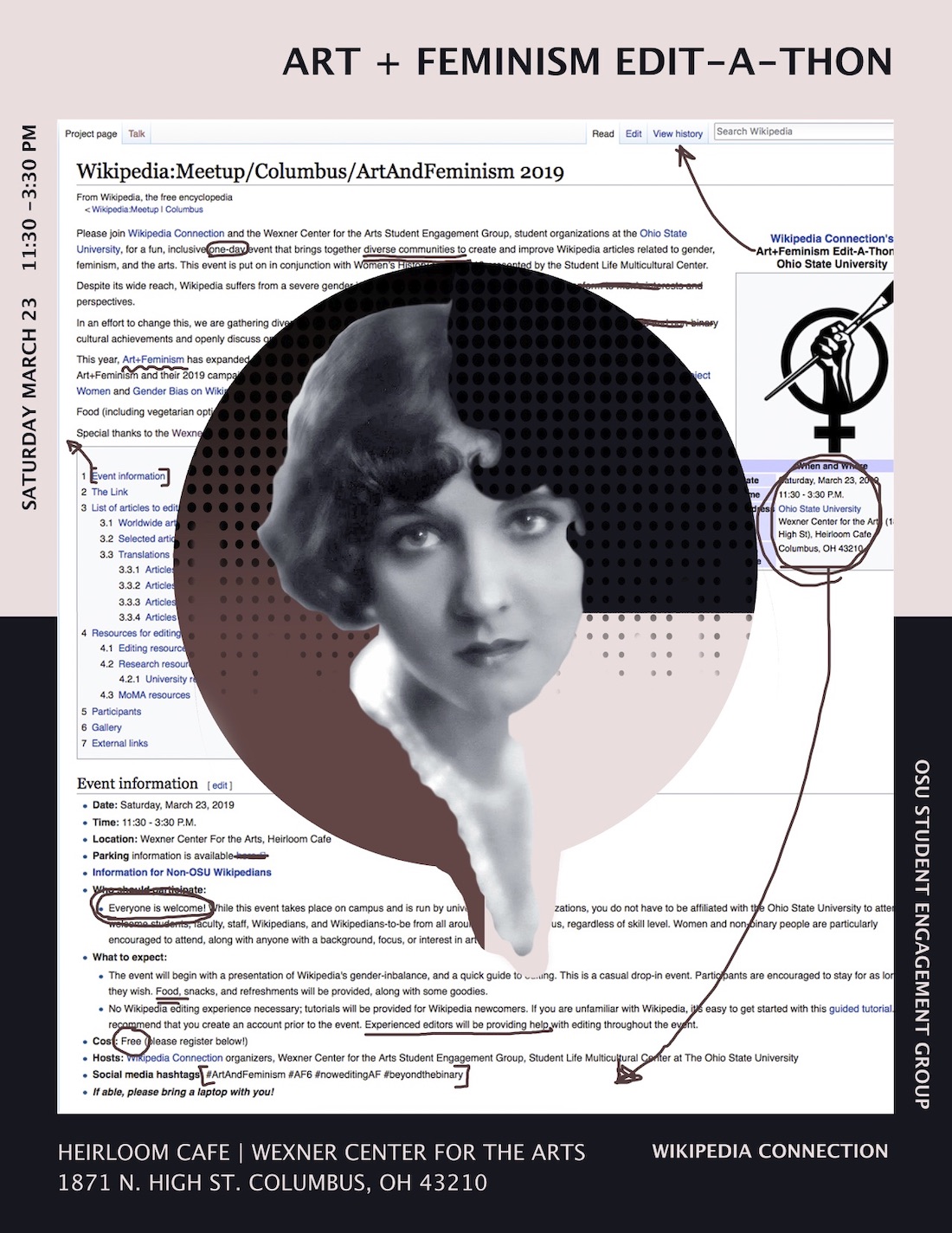 2019 Wexner Center Art+Feminism Wikipedia Edit-a-thon poster designed by Malu Marzarotto