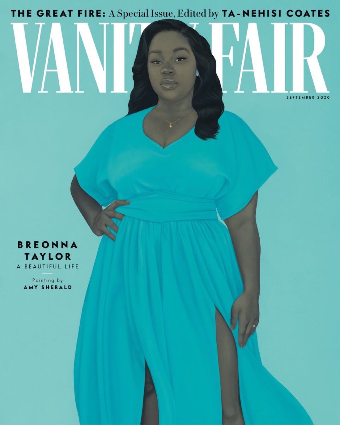 A cover for the September 2020 edition of Vanity Fair featuring a painting of Breonna Taylor in a flowing blue dress by Amy Sherald