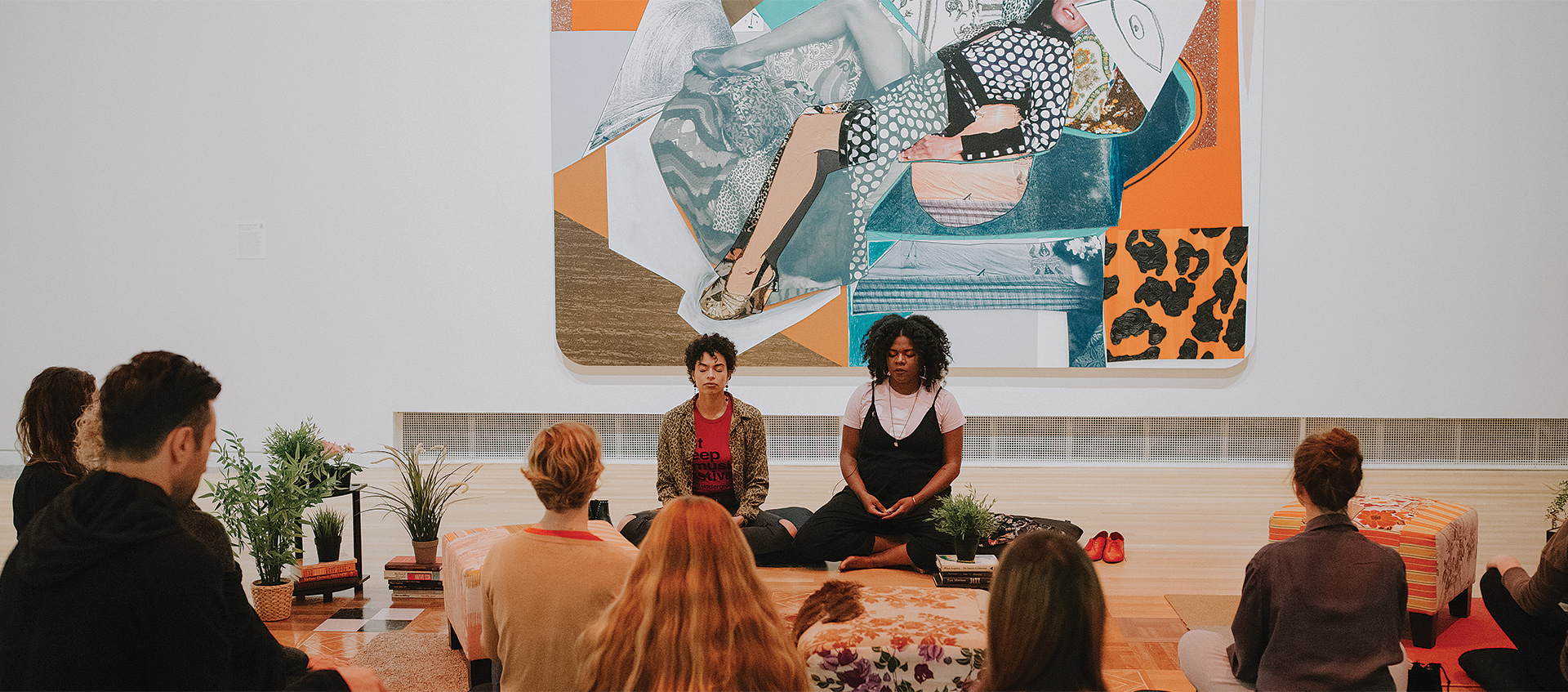 Patrons meditating in the galleries with staff from Replenish: The Spa Co-op