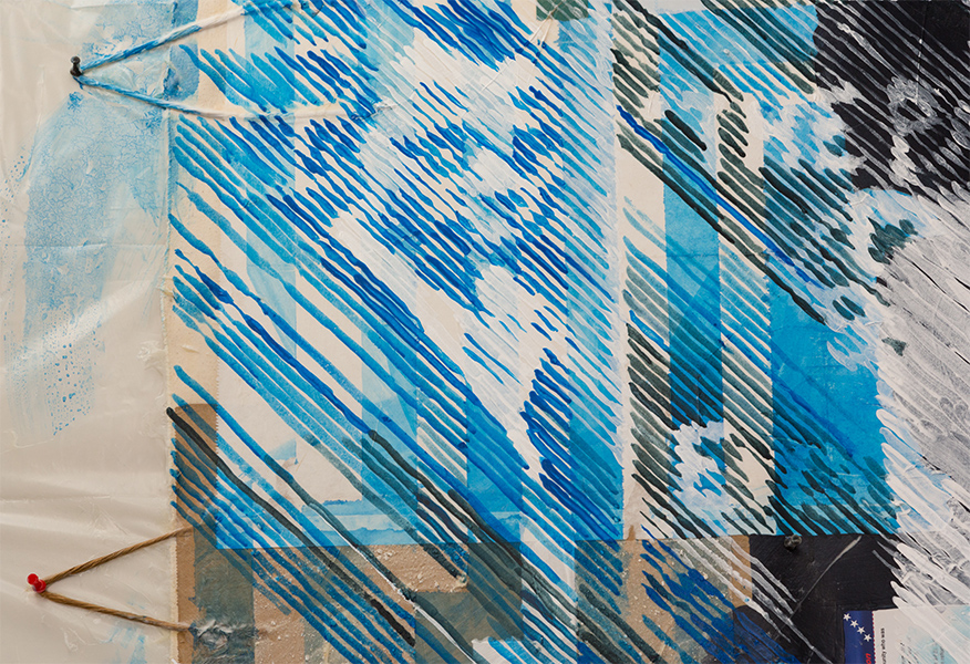 A detail shot of a collage painting depicts a blurry figure facing forward.