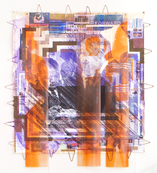 A full shot of a collage painting depicts three blurry figures.