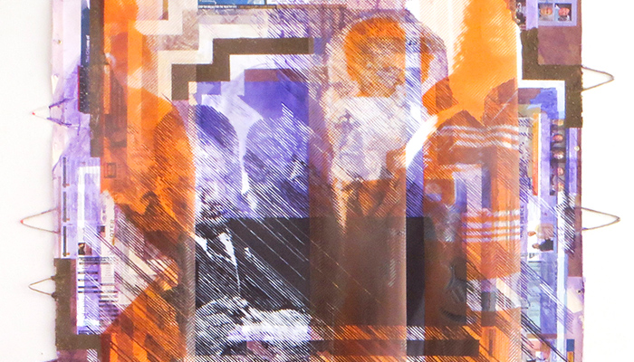 A detail shot of a collage painting depicts three blurry figures.