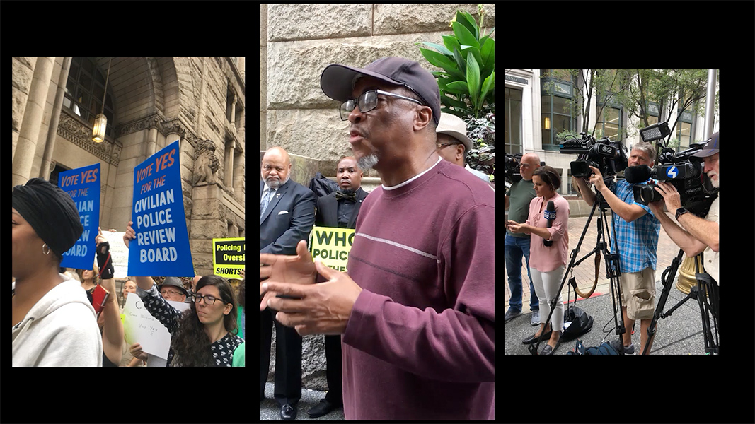 A triptych of images depicts a speaker at a rally against police reform.