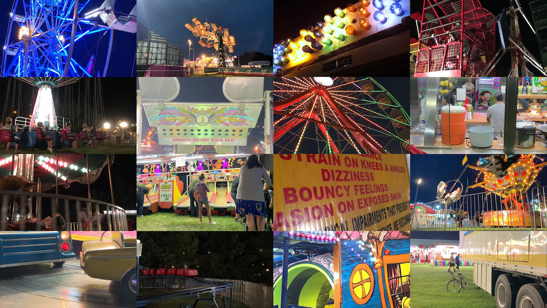 An eight-square grid of neon-lit rides and other county fair attractions 