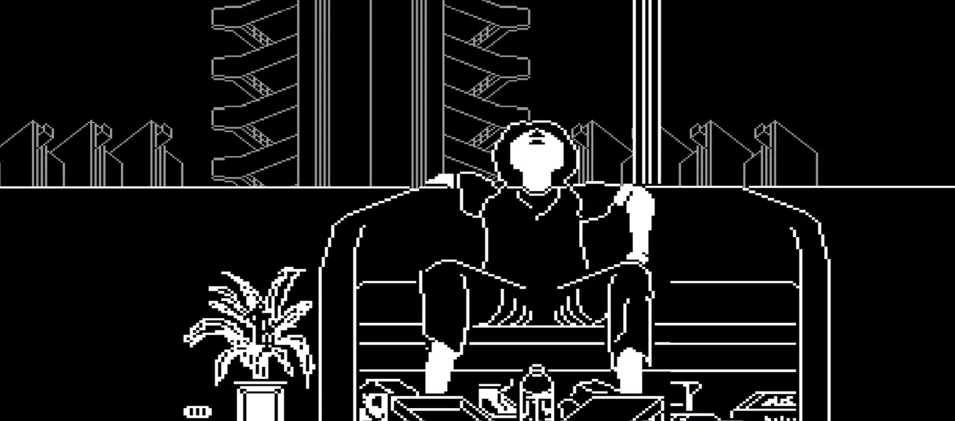 An animation of white lines on black background of a man sitting on a couch with his head back, with food packages on a table in front of him and a potted plant to his right