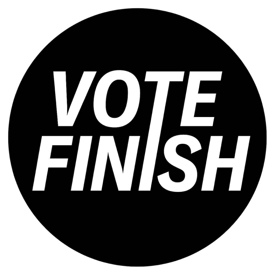 Text reading "vote finish" in white on a black circular background