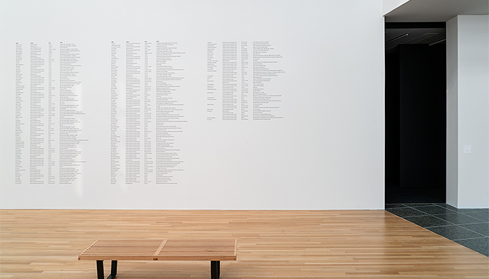 A list of names on a white wall in the Wexner Center galleries