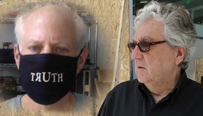 Photo of Marshall Reese and Antoni Muntadas. Marshall is wearing a facial covering that reads "truth" and Antoni is in sunglasses