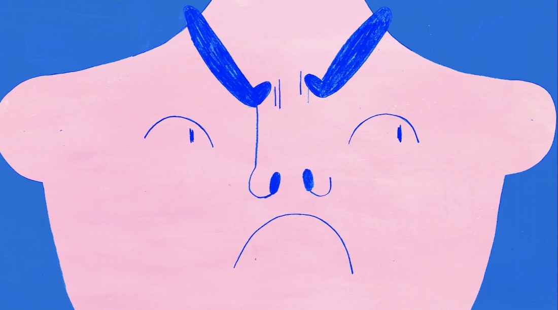 An animation still of a pink, angry face topped by arched blue eyebrows and surrounded by straight blue hair