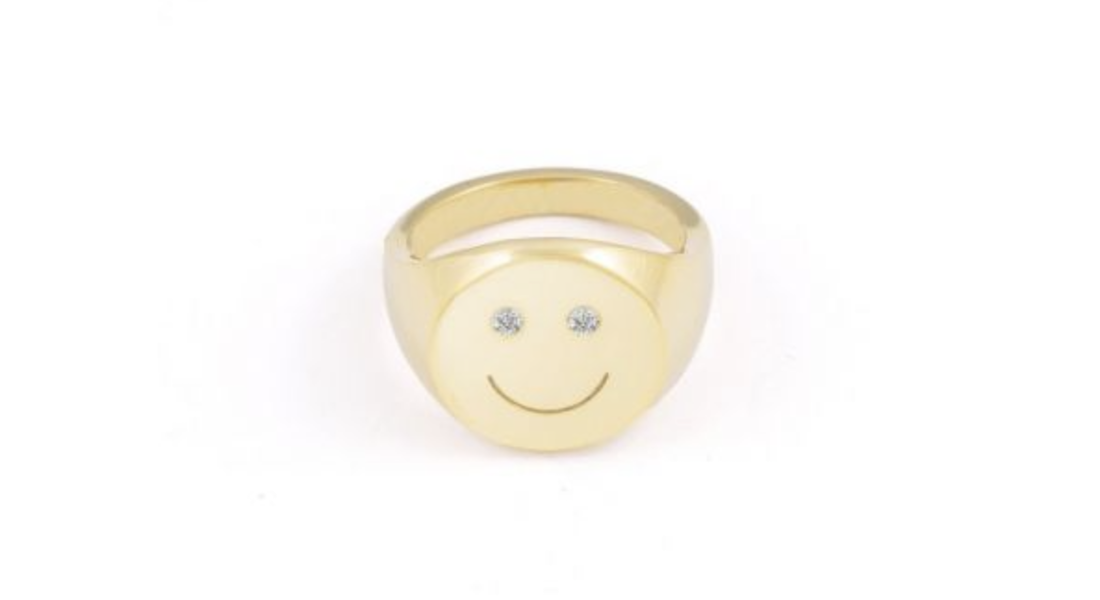 Gold signet ring with smiley face and cubic zirconia eyes