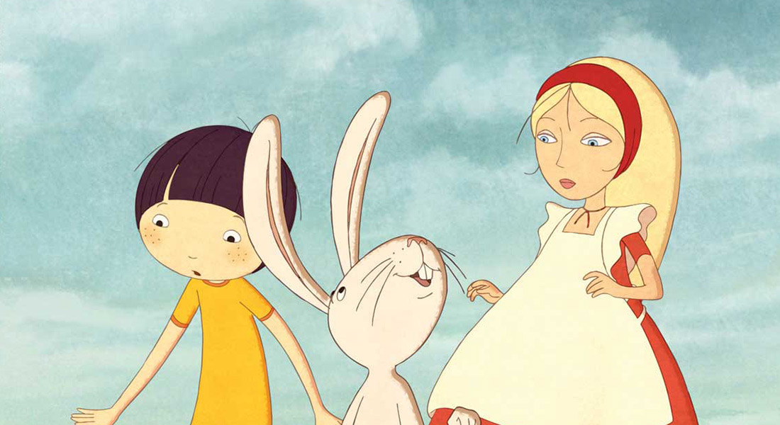 An animated film still depicts two characters and a bunny standing in a giant footprint.