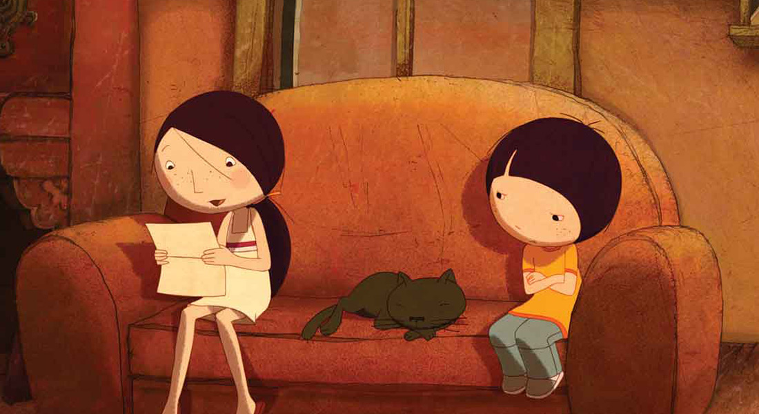 An animated film still depicts a young girl reading on the couch next to another child and their pet.