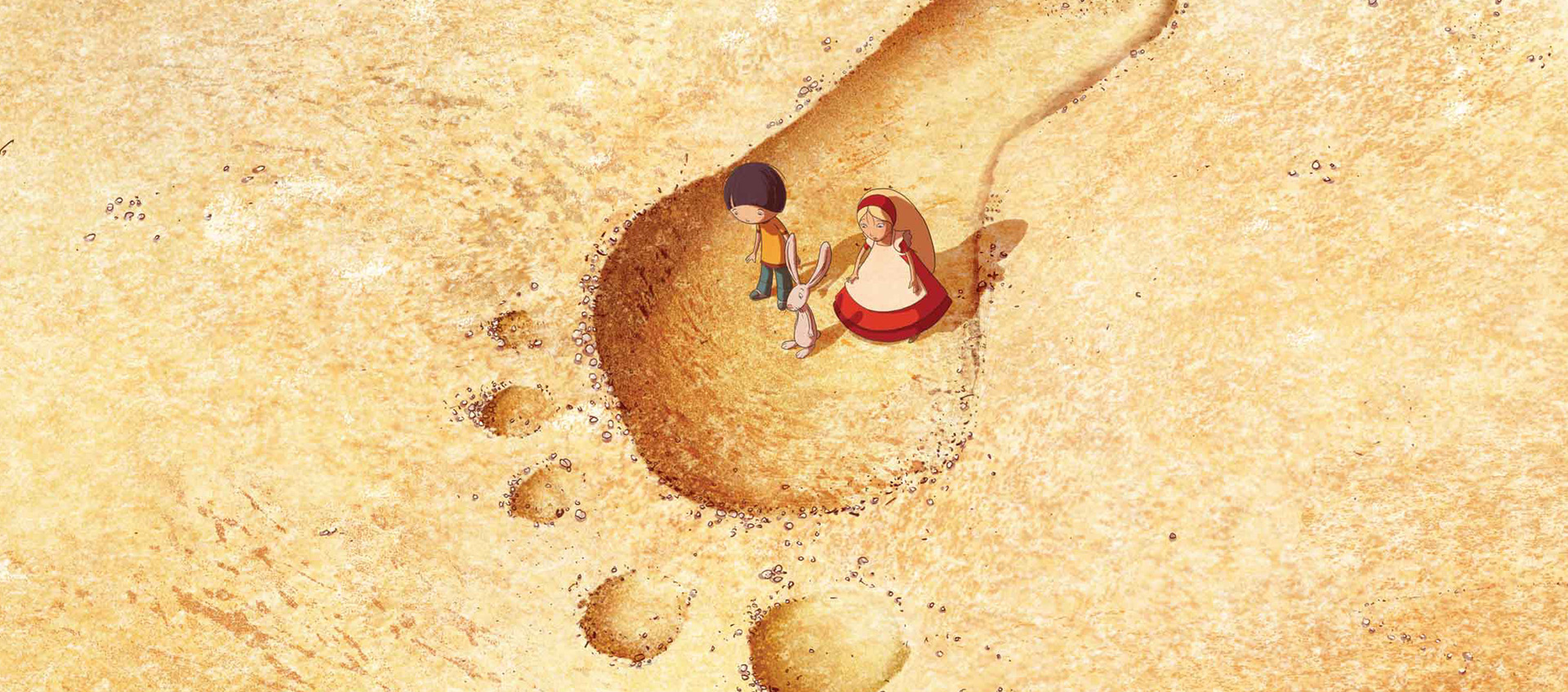 An animated film still depicts two children and a bunny standing in a giant footprint.