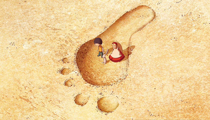 An animated film still depicts two children and a bunny standing in a giant footprint.