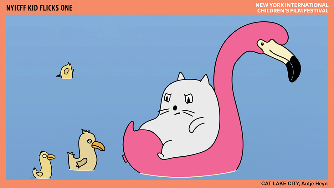 An animated grumpy cat rides an inflatable flamingo in a pond with ducklings.