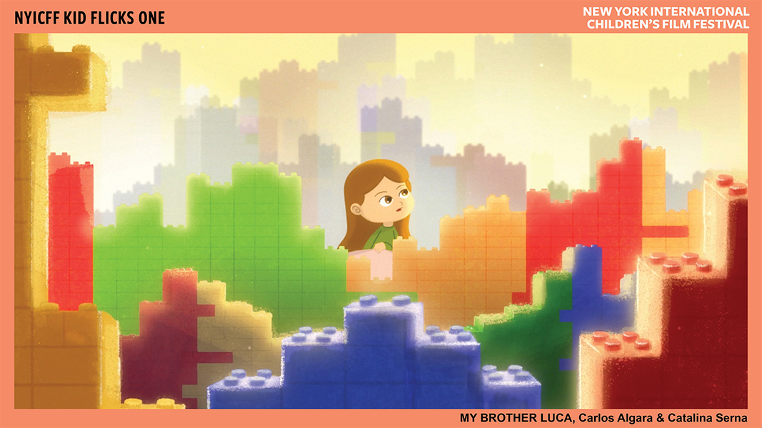 An animated girl is surrounded by a landscape of colorful building blocks.