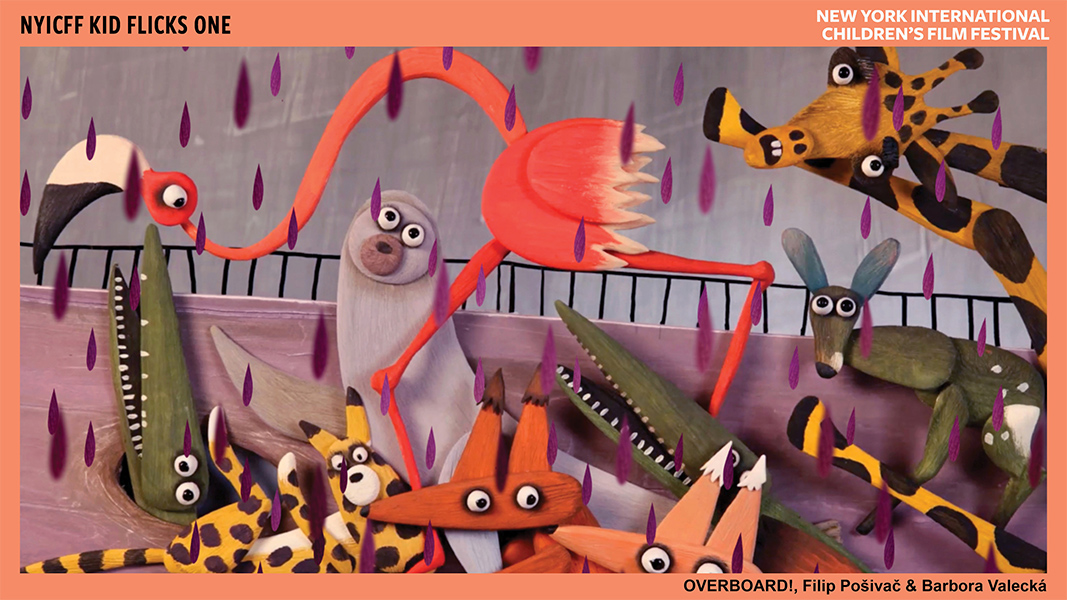 A chaotic mass of animated animals run in the rain.