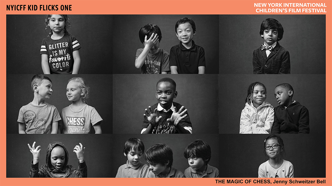 A grid of black and white images of children.