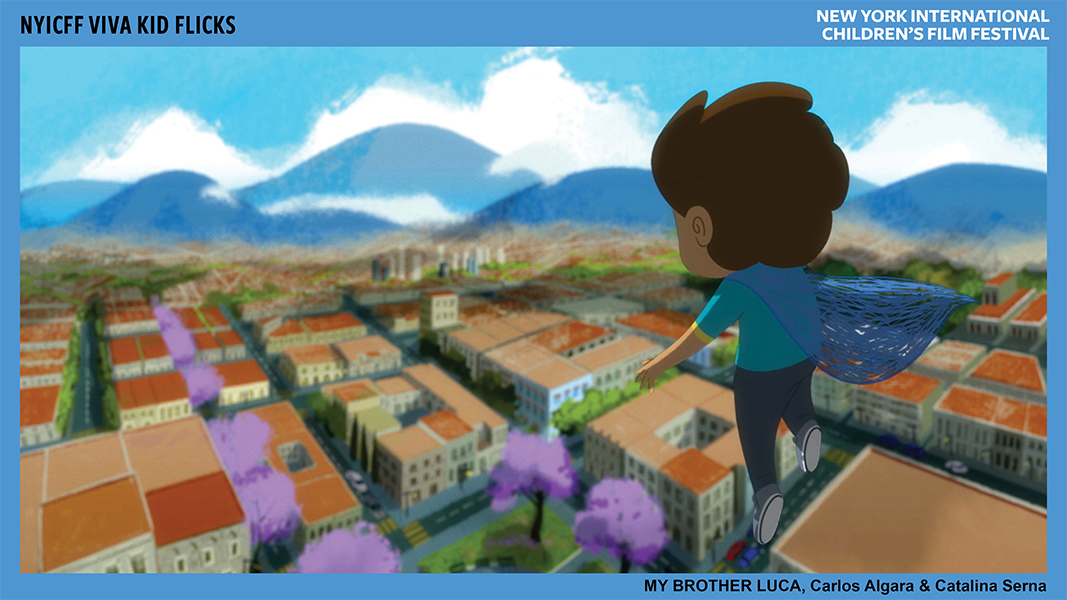 An animated child wears a cape and flies, looking out over buildings.