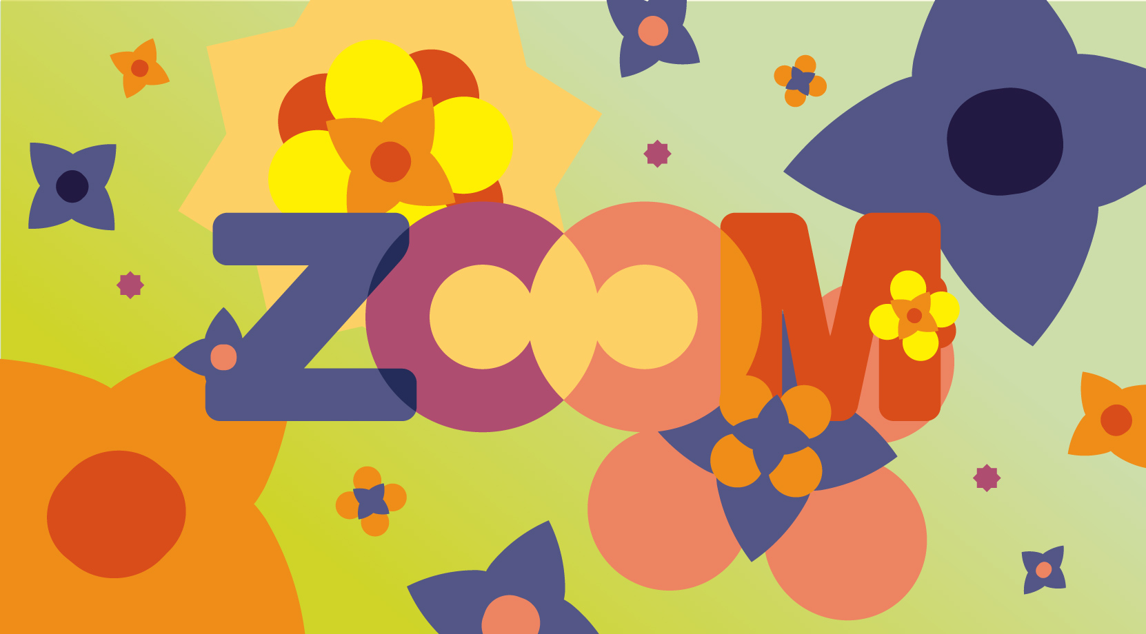 The image says the word ZOOM and is covered in colorful bursts of flowers.