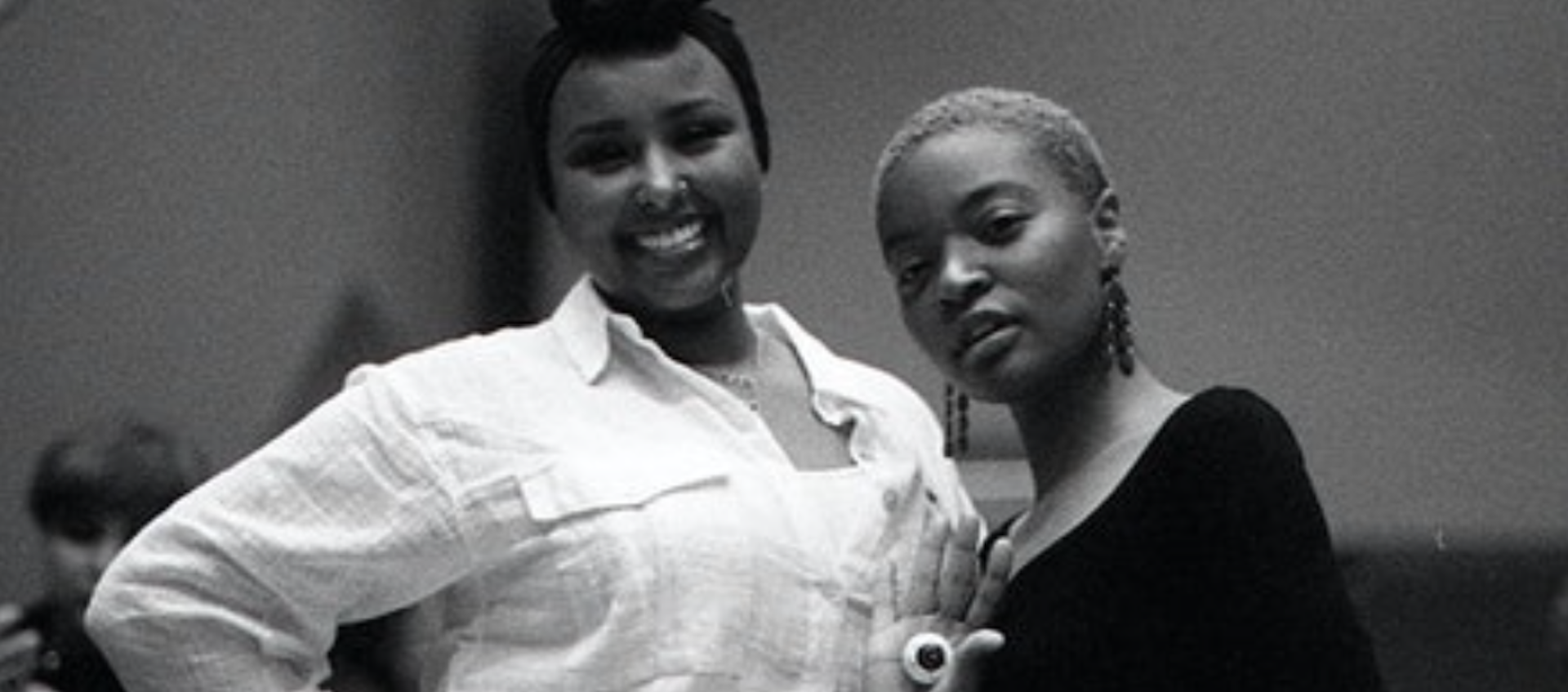 black and white photo of curatorial team No Evil Eye, Rooney Elmi and Ingrid Raphael