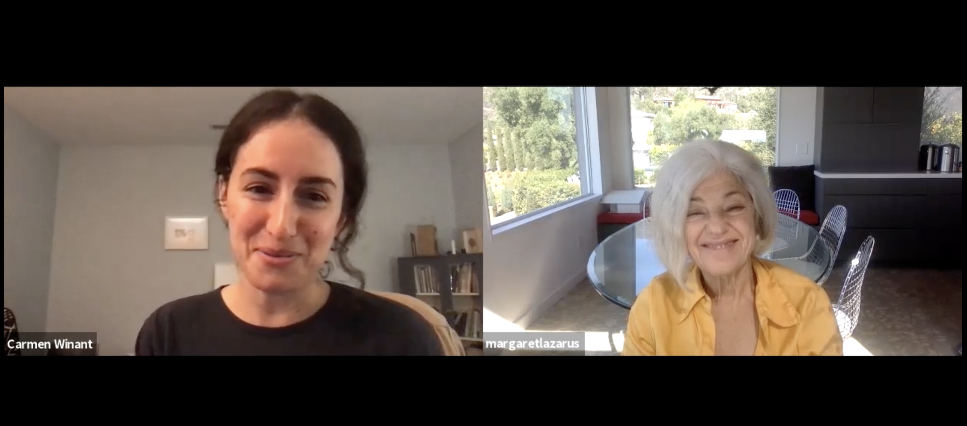 Screen capture of a Zoom video conversation between artist Carmen Winant and filmmaker Margaret Lazarus