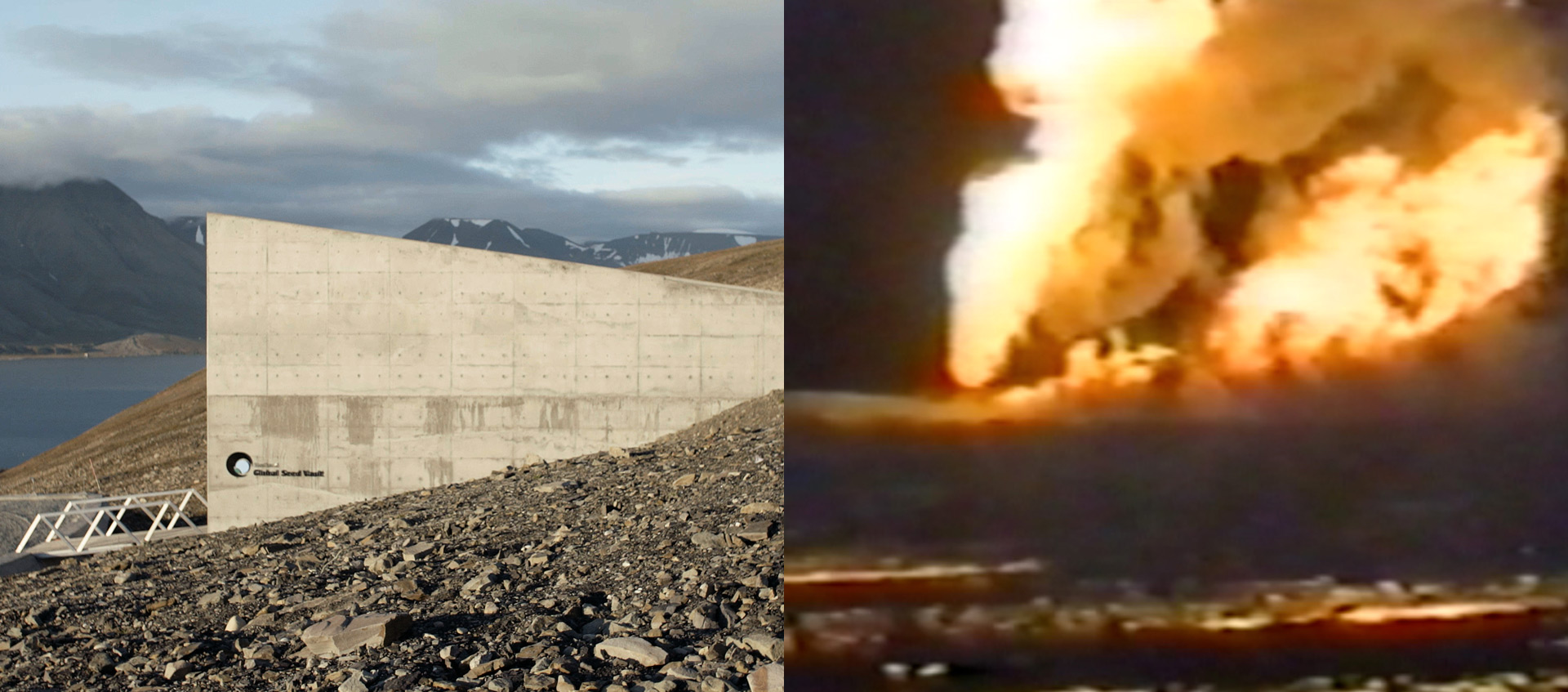 A split image with a still from Frank Heath's Midnight Sun on the left (featuring a view of the Svalbard Global Seed Vault's concrete exterior) and Monira Al Qadiri's Behind the Sun on the right (a view of burning oil fields in Kuwait)