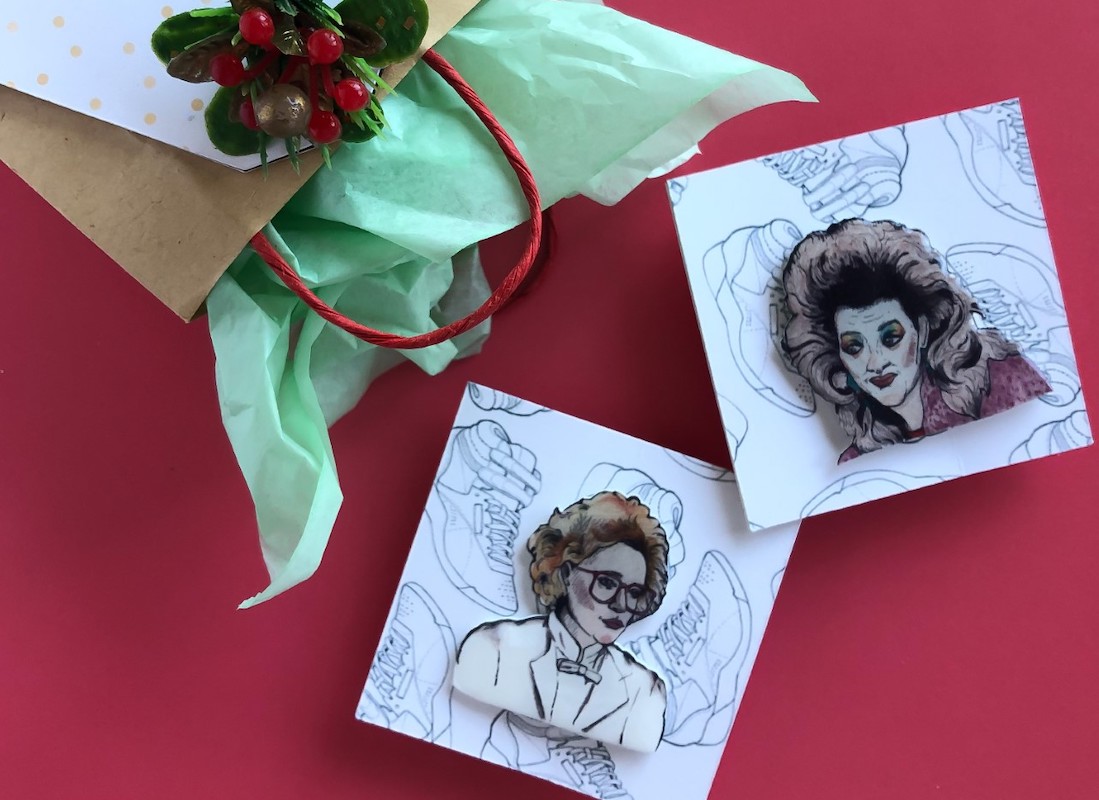 Shrinky Dink pins of characters from the movie Working Girl by Joanna Hammer