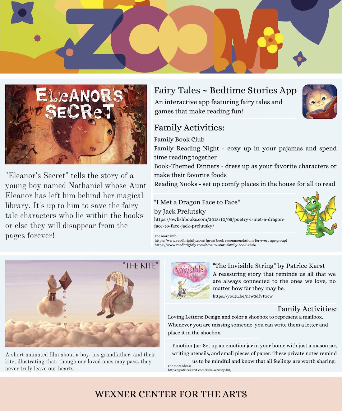 Full color, illustrated handout of resources inspired by the films in the 2020 edition of Zoom Family Film Festival