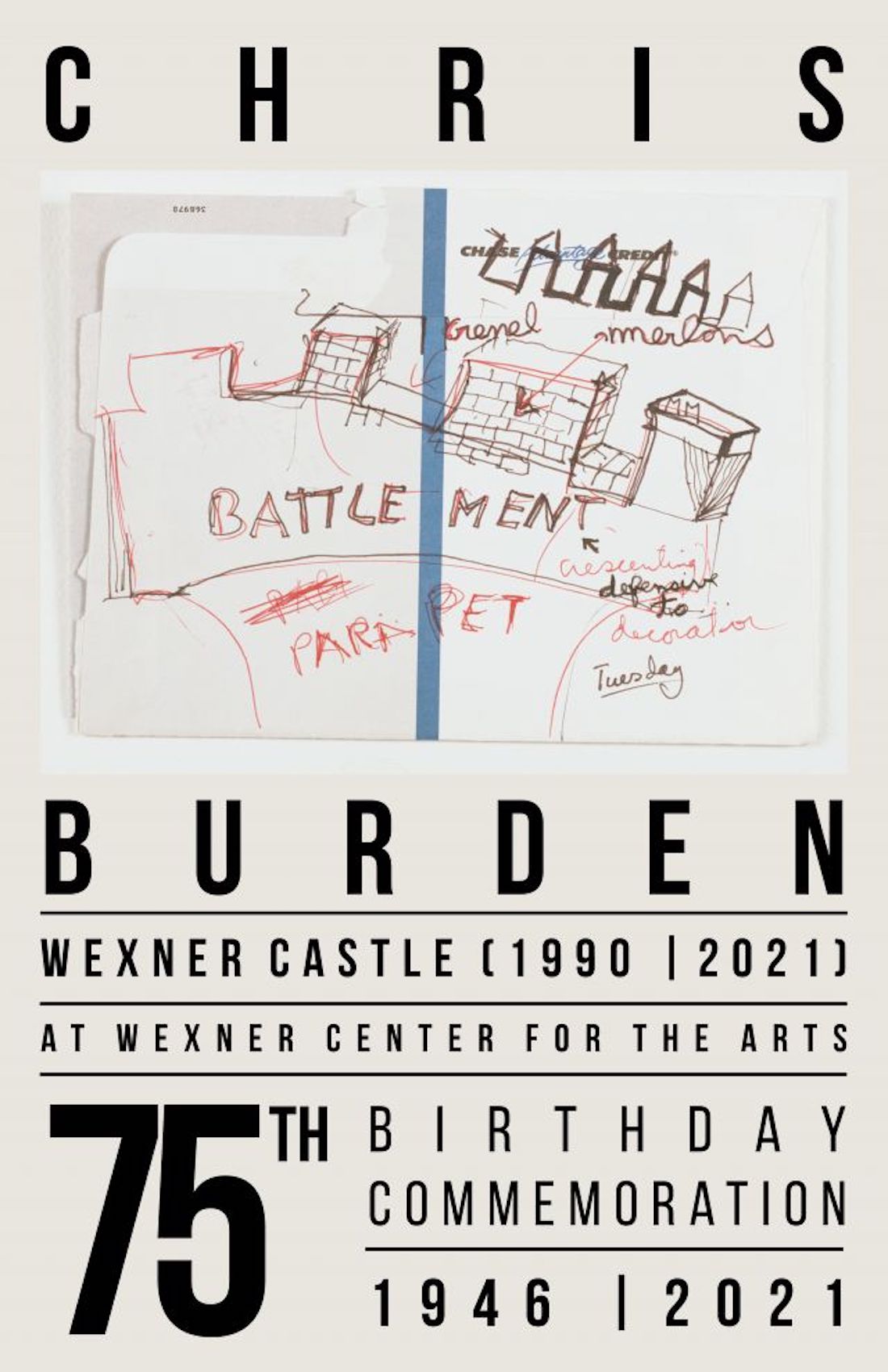 Erica Mercado-designed poster to commemorate the 75th birthday of Chris Burden, featuring one of Burden's drawings of Wexner Castle at the center of the design