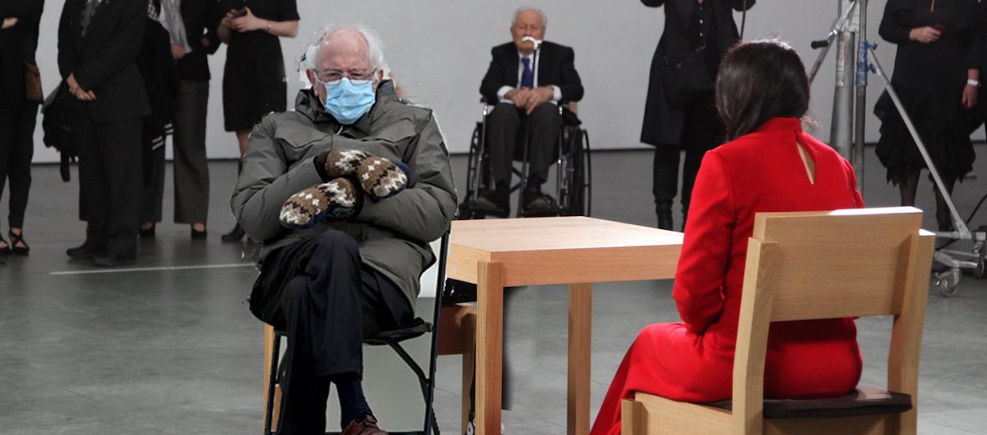 The image of Senator Bernie Sanders at the 2021 Presidential Inauguration superimposed on an image of Marina Abramovic taken during her 2010 work The Artist is Present at MoMA