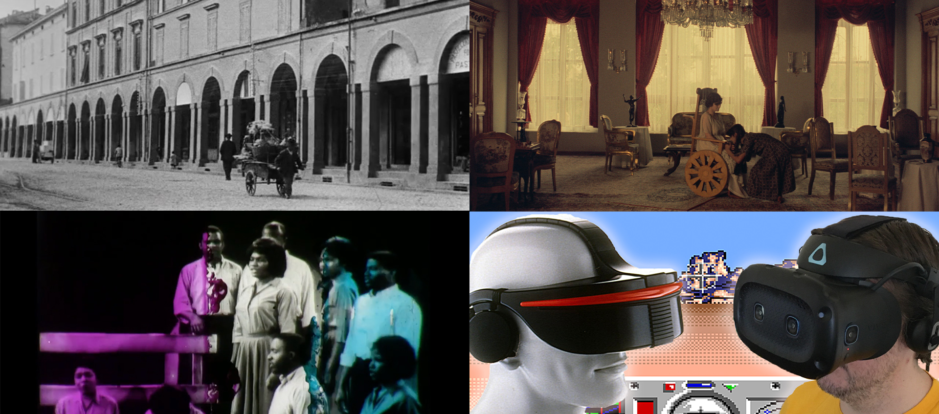 Four images, from left a black and white image of horse and carriage, a person in wheelchair in large room, seven people on a stage, and tow people in VR headsets looking at one another 