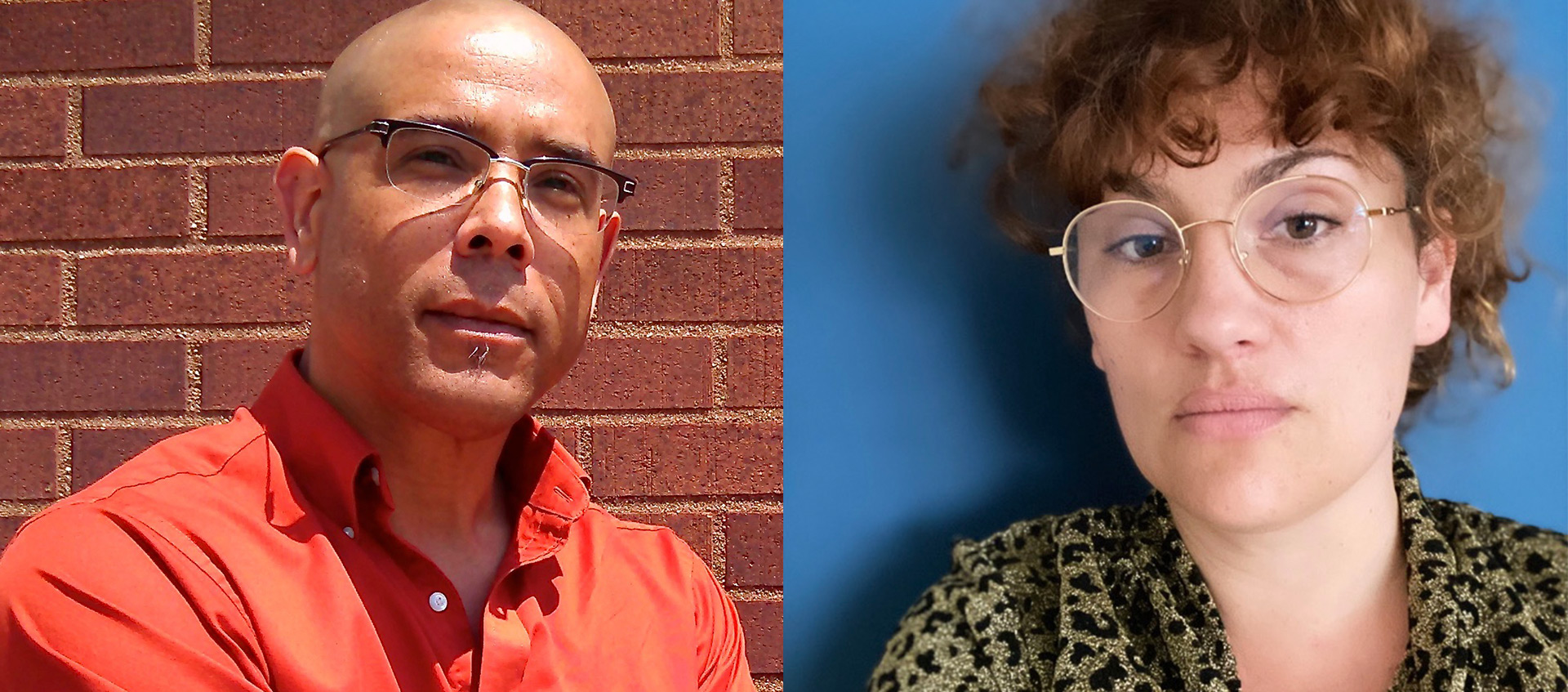A photo of Maurice Stevens and Lucille Toth. Maurice is on the right wearing glasses and and orange shirt. He stands in front of a brick wall. Lucille is on the right wearing glasses and standing in front of a blue background