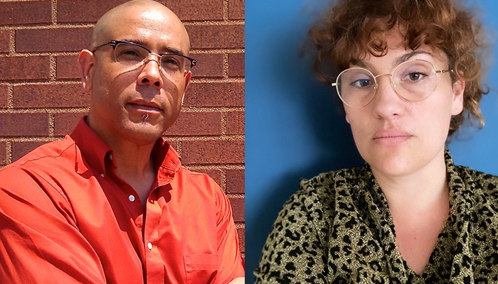 A photo of Maurice Stevens and Lucille Toth. Maurice is on the right wearing glasses and and orange shirt. He stands in front of a brick wall. Lucille is on the right wearing glasses and standing in front of a blue background