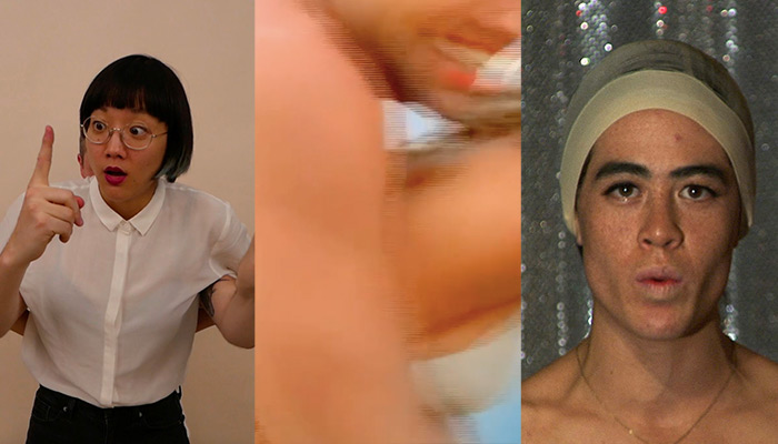 A triptych image, from left: a person with black hair and eyeglasses in a white shirt with their finger pointing upward. In the center a blurred image of a chin and mouth and on the right a person in a headband staring with mouth slightly agape