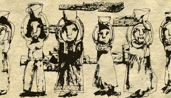 A line drawing of multiple female figures in a row holding vessel up on their heads.