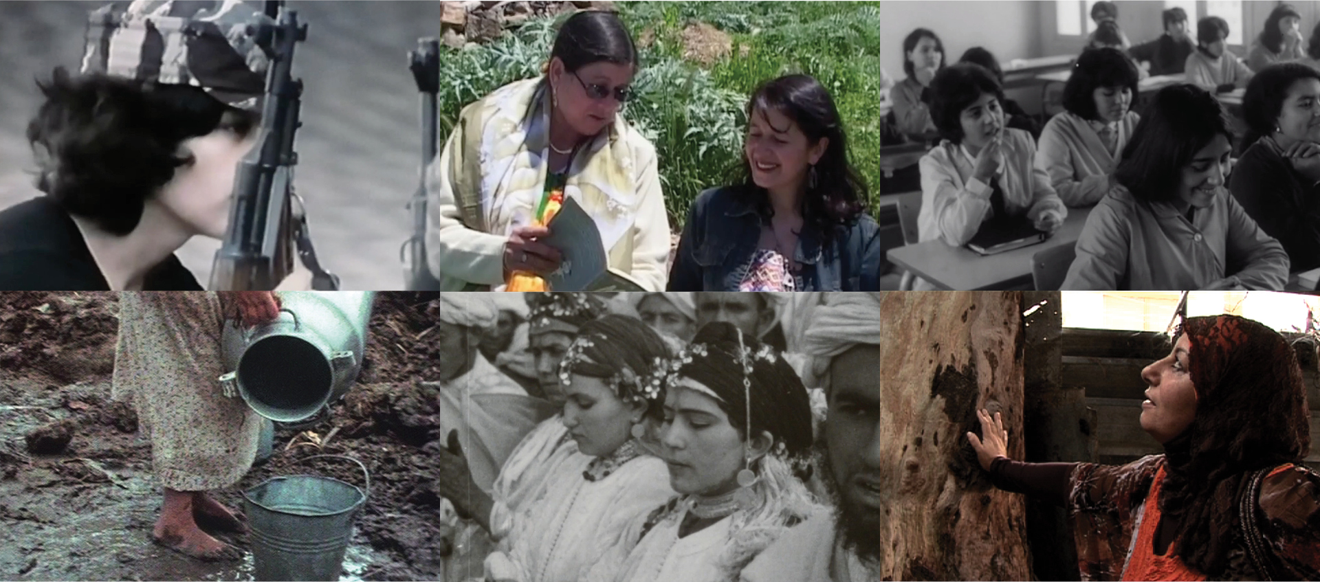 Six images, from left a woman holding a military weapon, two women sharing a book out in the fields, multiple female students sitting behind their desks in the classroom, a woman pouring into a bucket, multiple well dressed women looking down, and a woman in hijab resting her arm on a tree trunk looking up.