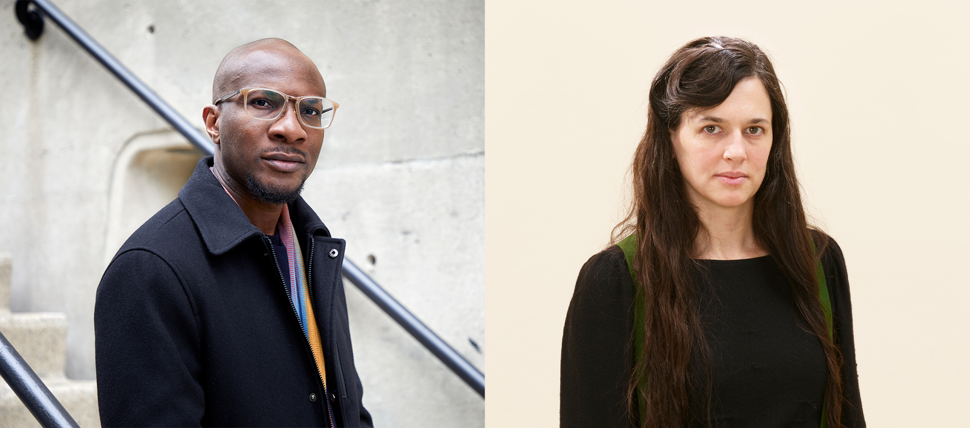 On the left a photo of Teju Cole standing in front of a stairwell, he is wearing eyeglasses and a black jacket. On the right a photo of Taryn Simon standing in front of a blank wall. She is wearing a black shirt.