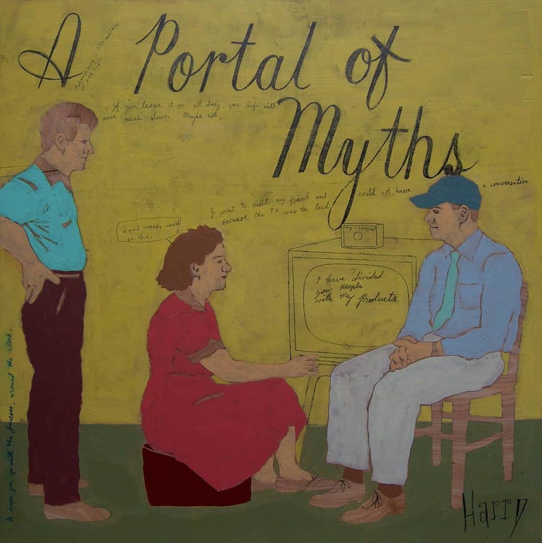 An image of a painting depicting three people, from left: a man with hands on his hips wearing a blue shirt, a seated woman in a red dress looking at a seated man in a chair. The words A Portal of Myths appear above them.