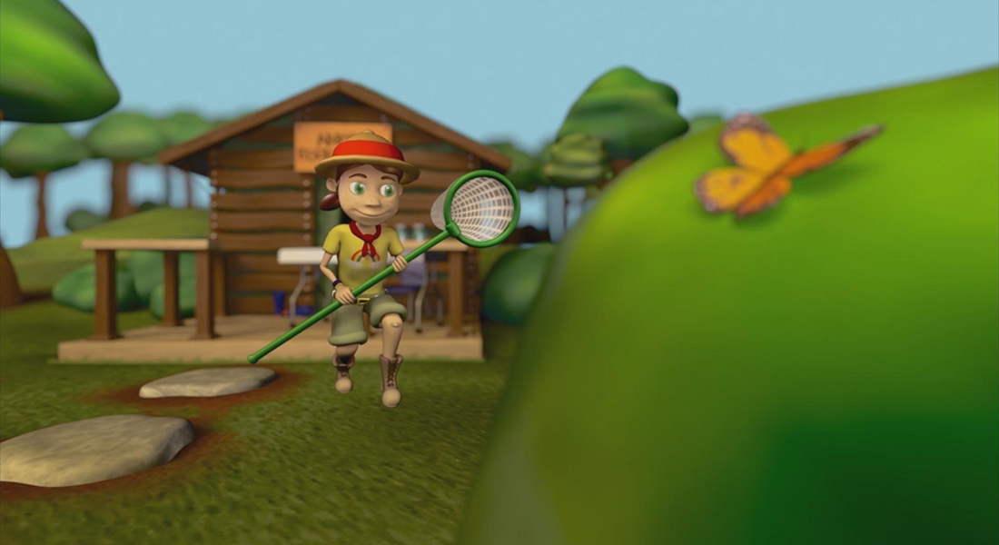 an animated girl scout member catching a butterfly.